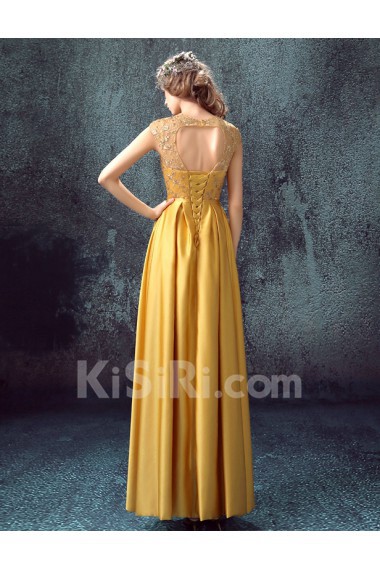 Lace, Satin Jewel Floor Length Cap Sleeve Column Dress with Embroidered