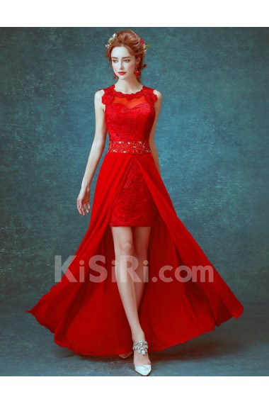 Lace, Chiffon, Tulle Jewel Floor Length Sleeveless Sheath Dress with Embroidered