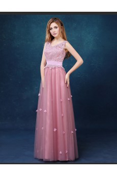 Tulle, Lace V-neck Floor Length Sleeveless A-line Dress with Rhinestone