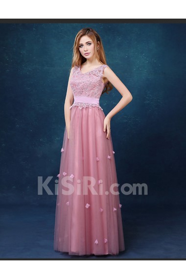 Tulle, Lace V-neck Floor Length Sleeveless A-line Dress with Rhinestone