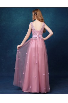 Tulle, Lace V-neck Floor Length Sleeveless A-line Dress with Rhinestone