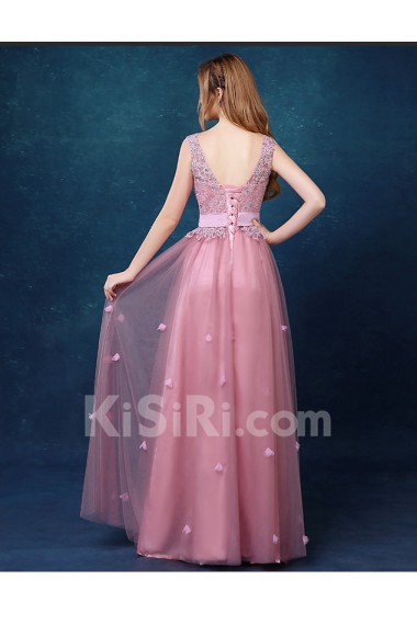 Tulle, Lace V-neck Floor Length Sleeveless A-line Dress with Rhinestone