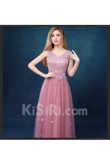 Tulle, Lace V-neck Floor Length Sleeveless A-line Dress with Rhinestone