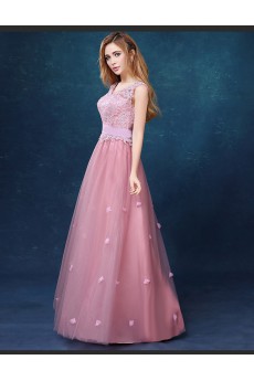 Tulle, Lace V-neck Floor Length Sleeveless A-line Dress with Rhinestone