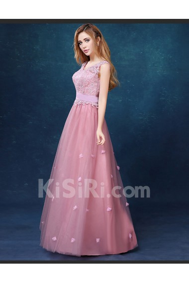 Tulle, Lace V-neck Floor Length Sleeveless A-line Dress with Rhinestone