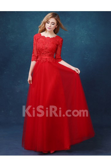 Tulle, Lace Scoop Floor Length Half Sleeve A-line Dress with Embroidered