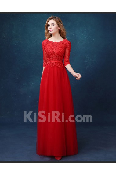 Tulle, Lace Scoop Floor Length Half Sleeve A-line Dress with Embroidered