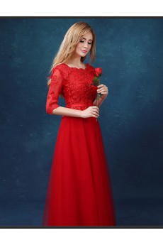 Tulle, Lace Scoop Floor Length Half Sleeve A-line Dress with Embroidered