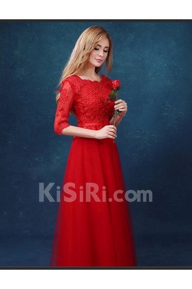 Tulle, Lace Scoop Floor Length Half Sleeve A-line Dress with Embroidered