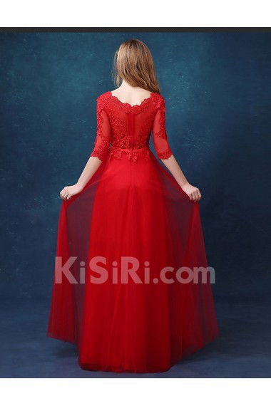 Tulle, Lace Scoop Floor Length Half Sleeve A-line Dress with Embroidered