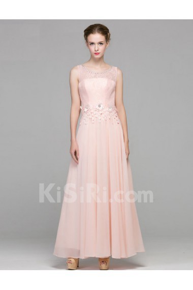 Satin Scoop Ankle-Length Sleeveless Sheath Dress with Lace, Rhinestone