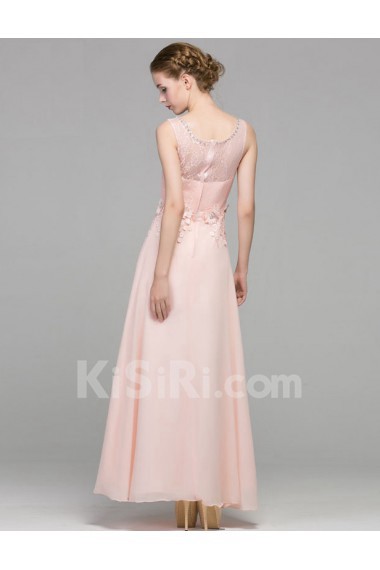 Satin Scoop Ankle-Length Sleeveless Sheath Dress with Lace, Rhinestone