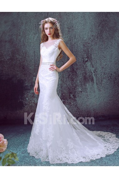 Lace, Organza Scoop Chapel Train Sleeveless Mermaid Dress with Sash, Sequins