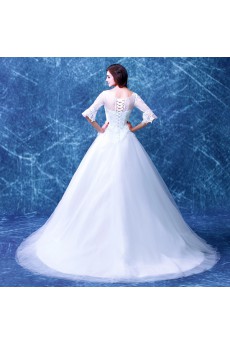 Organza Scoop Chapel Train Half Sleeve Ball Gown Dress with Beads