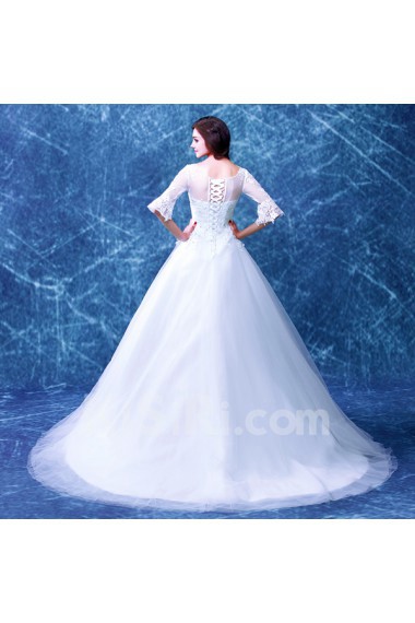 Organza Scoop Chapel Train Half Sleeve Ball Gown Dress with Beads