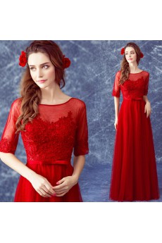 Lace Scoop Floor Length Half Sleeve A-line Dress with Bow