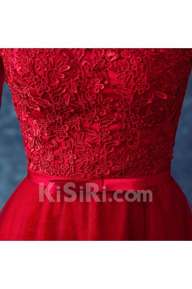 Lace Scoop Floor Length Half Sleeve A-line Dress with Bow