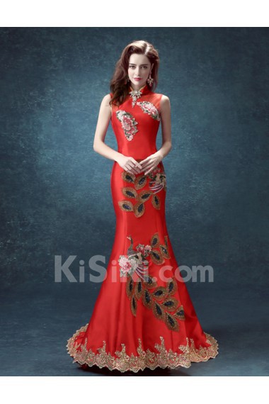 Satin High Collar Floor Length Sleeveless Mermaid Dress with Embroidered, Rhinestone