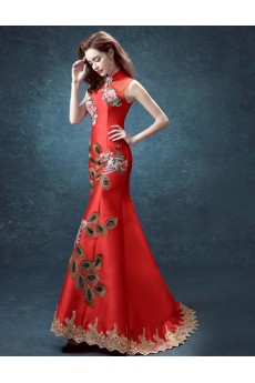 Satin High Collar Floor Length Sleeveless Mermaid Dress with Embroidered, Rhinestone