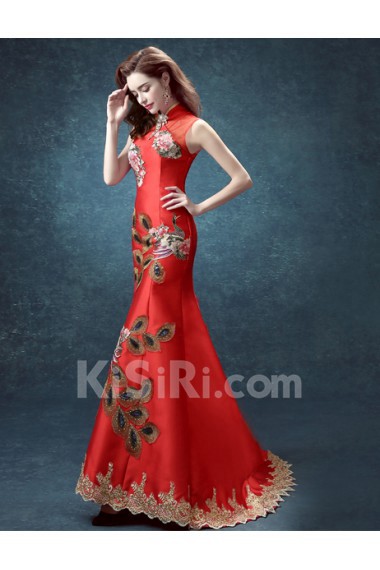 Satin High Collar Floor Length Sleeveless Mermaid Dress with Embroidered, Rhinestone