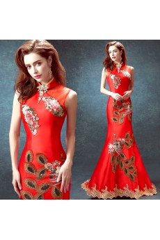 Satin High Collar Floor Length Sleeveless Mermaid Dress with Embroidered, Rhinestone