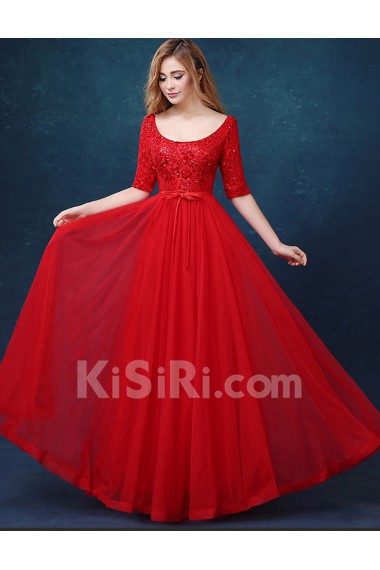 Tulle, Lace Scoop Floor Length Half Sleeve A-line Dress with Bow, Sequins