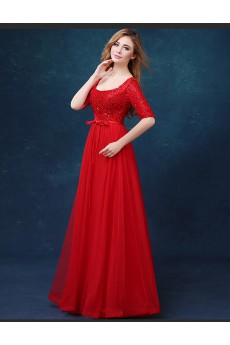 Tulle, Lace Scoop Floor Length Half Sleeve A-line Dress with Bow, Sequins