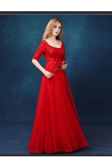 Tulle, Lace Scoop Floor Length Half Sleeve A-line Dress with Bow, Sequins