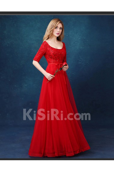 Tulle, Lace Scoop Floor Length Half Sleeve A-line Dress with Bow, Sequins