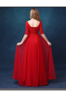 Tulle, Lace Scoop Floor Length Half Sleeve A-line Dress with Bow, Sequins