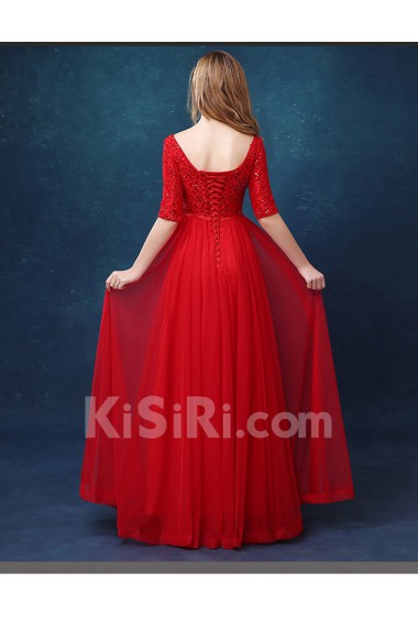 Tulle, Lace Scoop Floor Length Half Sleeve A-line Dress with Bow, Sequins