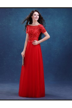 Tulle Scoop Floor Length Short Sleeve A-line Dress with Lace