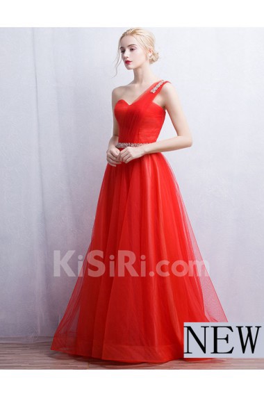 Tulle, Lace One-shoulder Floor Length Sleeveless A-line Dress with Rhinestone