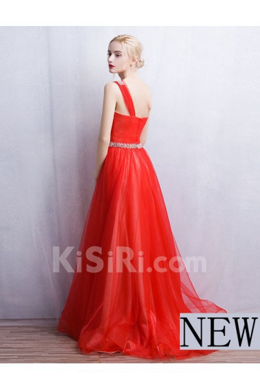 Tulle, Lace One-shoulder Floor Length Sleeveless A-line Dress with Rhinestone