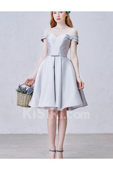 Satin Off-the-Shoulder Knee-Length A-line Dress with Bow