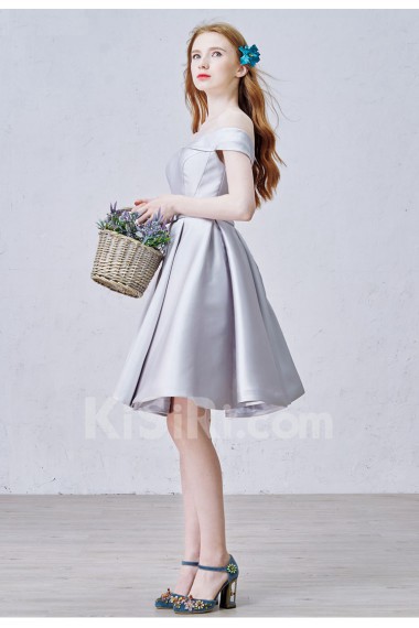 Satin Off-the-Shoulder Knee-Length A-line Dress with Bow