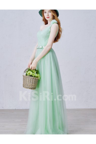 Tulle One-shoulder Floor Length Sleeveless A-line Dress with Bow, Handmade Flowers