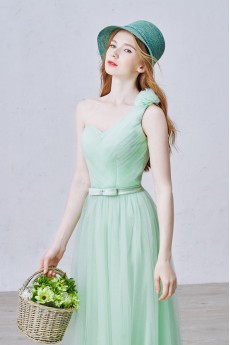 Tulle One-shoulder Floor Length Sleeveless A-line Dress with Bow, Handmade Flowers