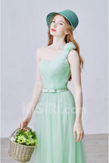 Tulle One-shoulder Floor Length Sleeveless A-line Dress with Bow, Handmade Flowers