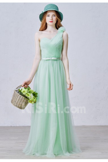 Tulle One-shoulder Floor Length Sleeveless A-line Dress with Bow, Handmade Flowers