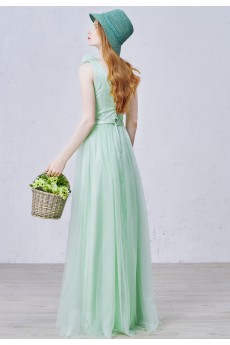 Tulle One-shoulder Floor Length Sleeveless A-line Dress with Bow, Handmade Flowers