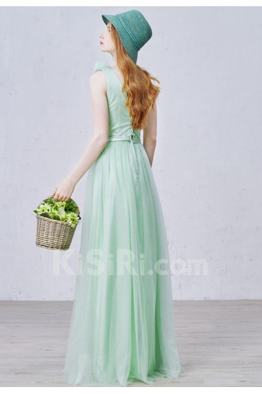 Tulle One-shoulder Floor Length Sleeveless A-line Dress with Bow, Handmade Flowers