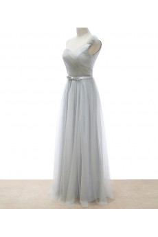 Tulle One-shoulder Floor Length Sleeveless A-line Dress with Bow, Handmade Flowers