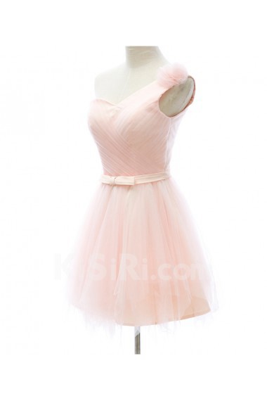 Tulle One-shoulder Mini/Short Sleeveless A-line Dress with Bow, Handmade Flowers