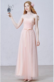 Tulle Strapless Floor Length Sleeveless A-line Dress with Ruched, Bow