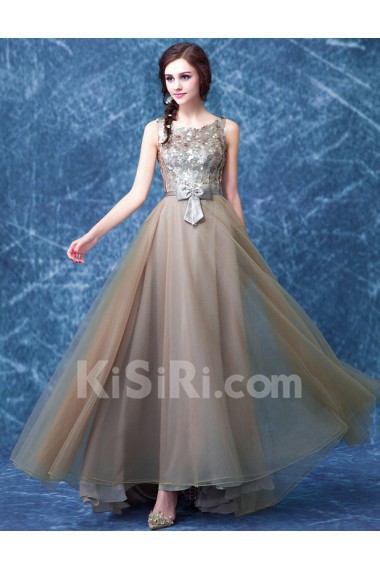 Tulle, Sequins Scoop Floor Length Sleeveless A-line Dress with Sequins, Bow