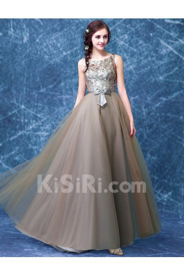 Tulle, Sequins Scoop Floor Length Sleeveless A-line Dress with Sequins, Bow