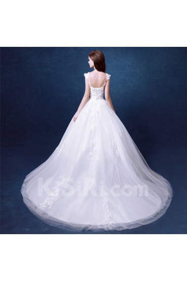 Organza Scoop Chapel Train Cap Sleeve Ball Gown Dress with Sequins