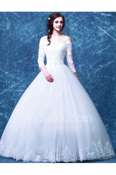 Lace, Tulle Off-the-Shoulder Floor Length Long Sleeve Ball Gown Dress with Beads