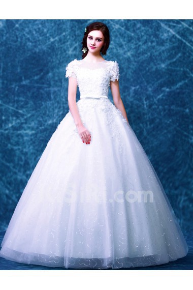 Tulle, Lace Jewel Floor Length Short Sleeve Ball Gown Dress with Beads, Bow